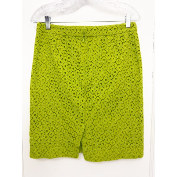 J Crew No.2 Eyelet Embroidered Neon Lime Green Pencil Skirt w/ back slit Size 6 - Picture 10 of 14